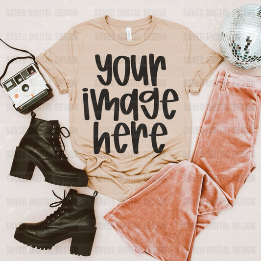 SAND UNBRANDED T-SHIRT FLAT LAY PREPPY DISCO MOCK