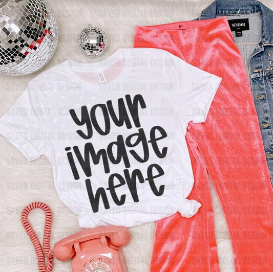 WHITE UNBRANDED T-SHIRT FLAT LAY PREPPY DISCO MOCK