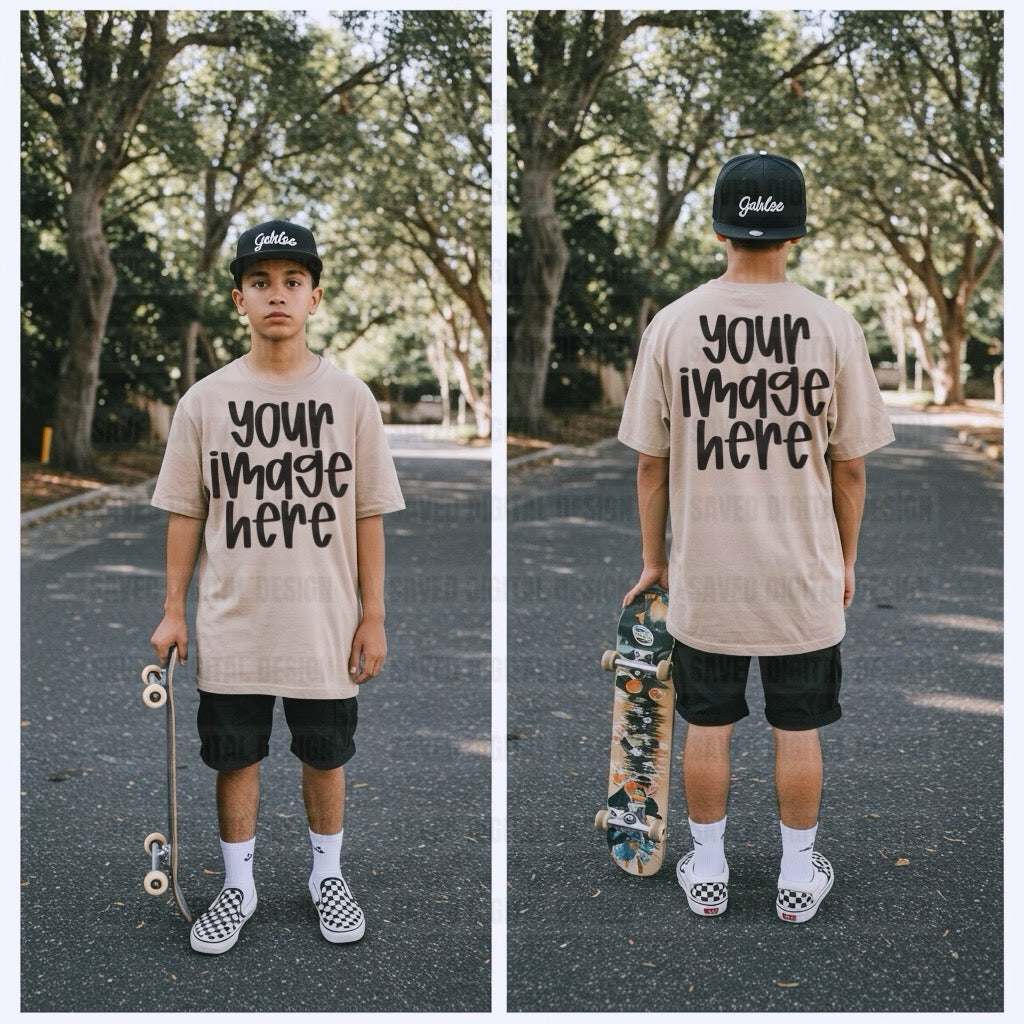SAND UNBRANDED T-SHIRT MODELED BOY FRONT + BACK MOCK SKATEBOARD BLACK CAP