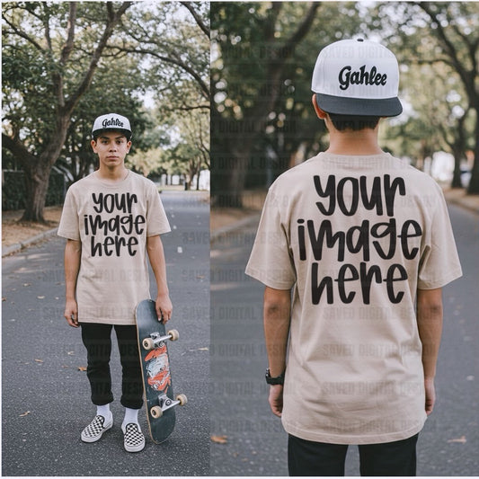 SAND UNBRANDED T-SHIRT MODELED BOY FRONT + BACK MOCK SKATEBOARD WHITE CAP