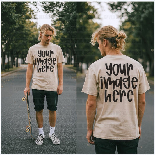 SAND UNBRANDED T-SHIRT MODELED BOY FRONT + BACK MOCK SKATEBOARD