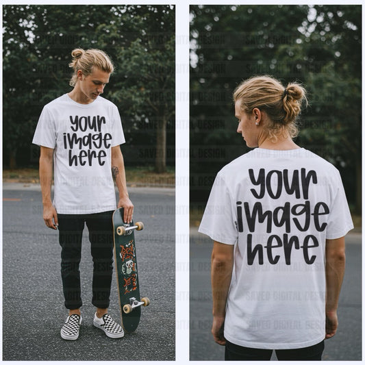 WHITE UNBRANDED T-SHIRT MODELED BOY FRONT + BACK MOCK SKATEBOARD