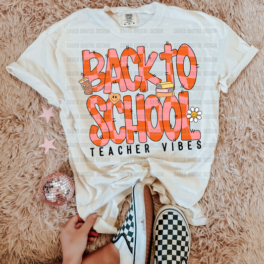 BACK TO SCHOOL PINK CHECKERED TEACHER VIBES PNG
