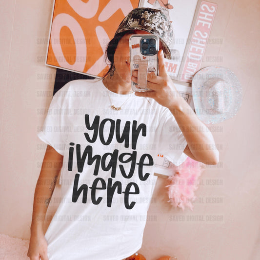 GILDAN WHITE TEE MODELED MOCK