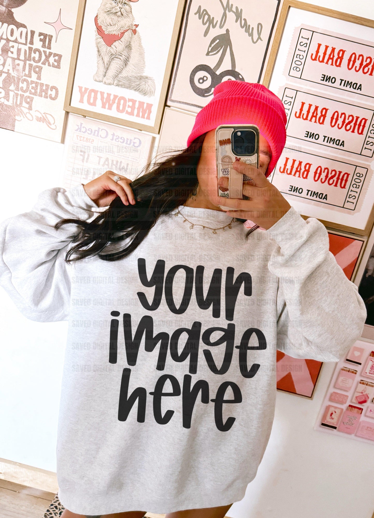 GILDAN ASH SWEATSHIRT MODELED MOCK PINK BEANIE COLLAGE WALL