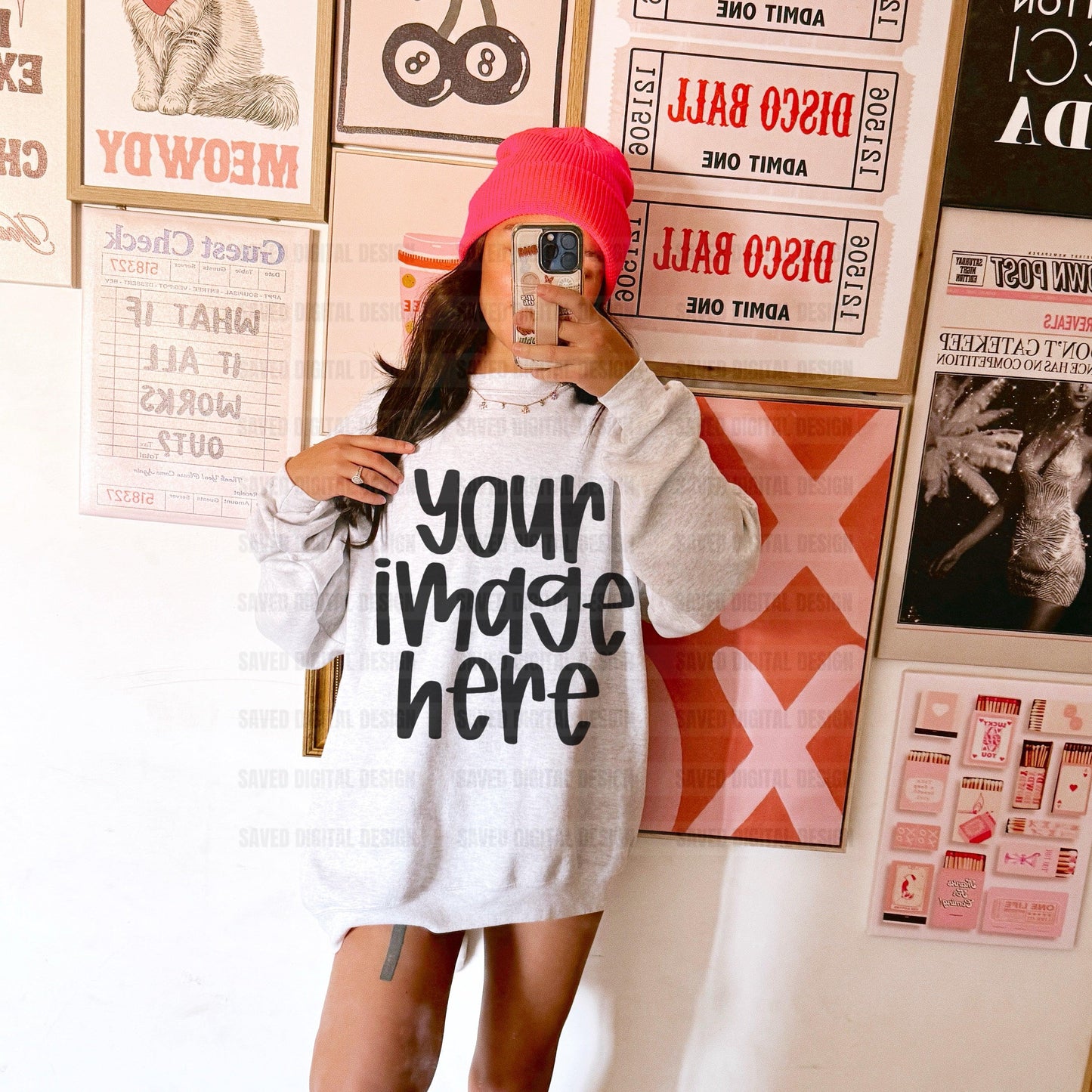 GILDAN ASH SWEATSHIRT MODELED MOCK PINK BEANIE COLLAGE WALL
