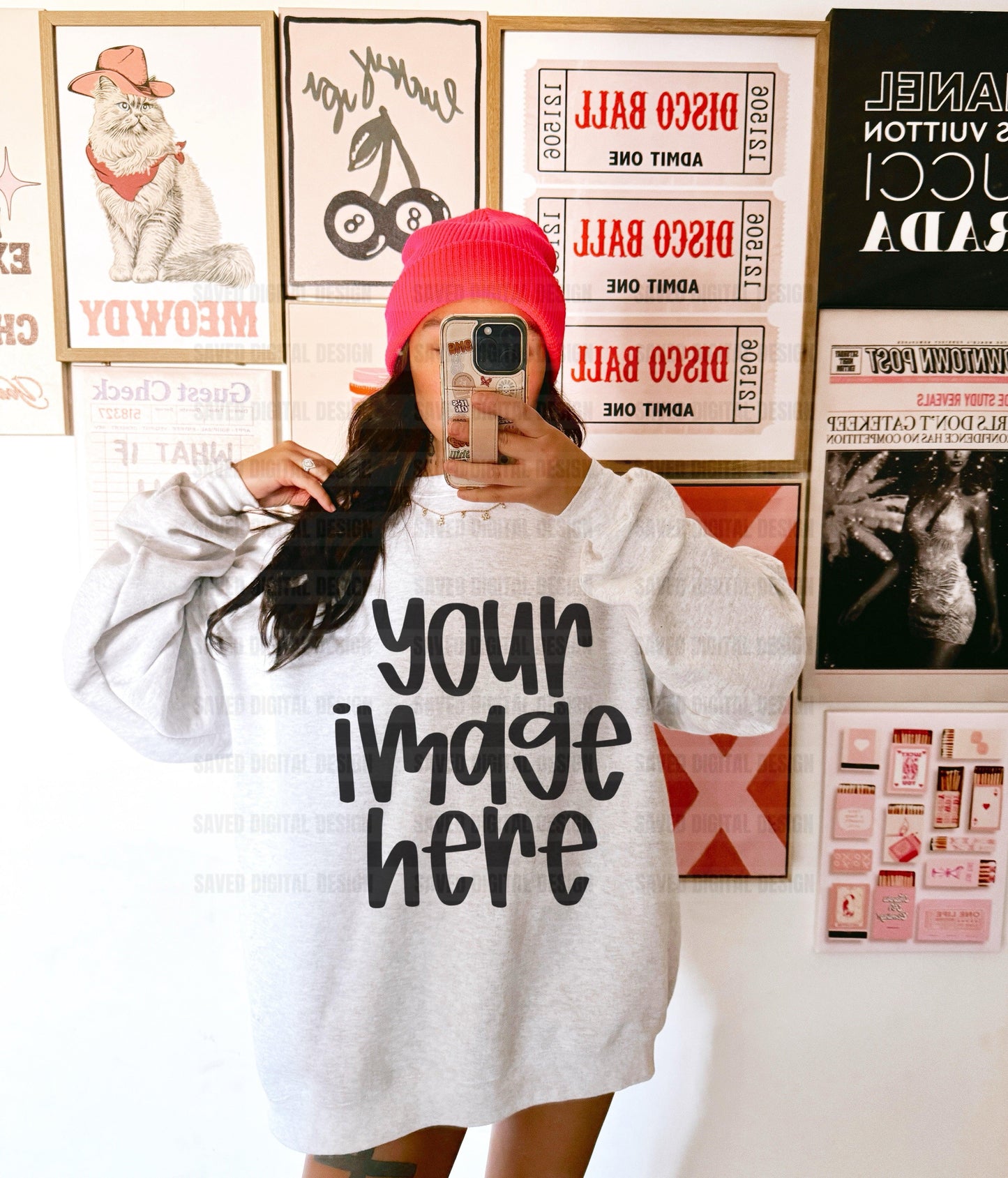 GILDAN ASH SWEATSHIRT MODELED MOCK PINK BEANIE COLLAGE WALL