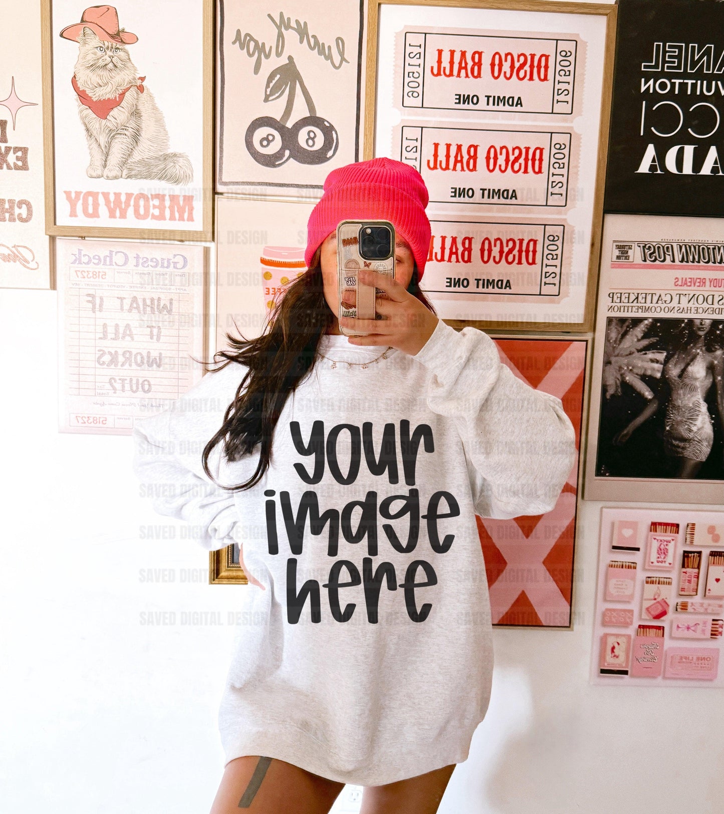 GILDAN ASH SWEATSHIRT MODELED MOCK PINK BEANIE COLLAGE WALL