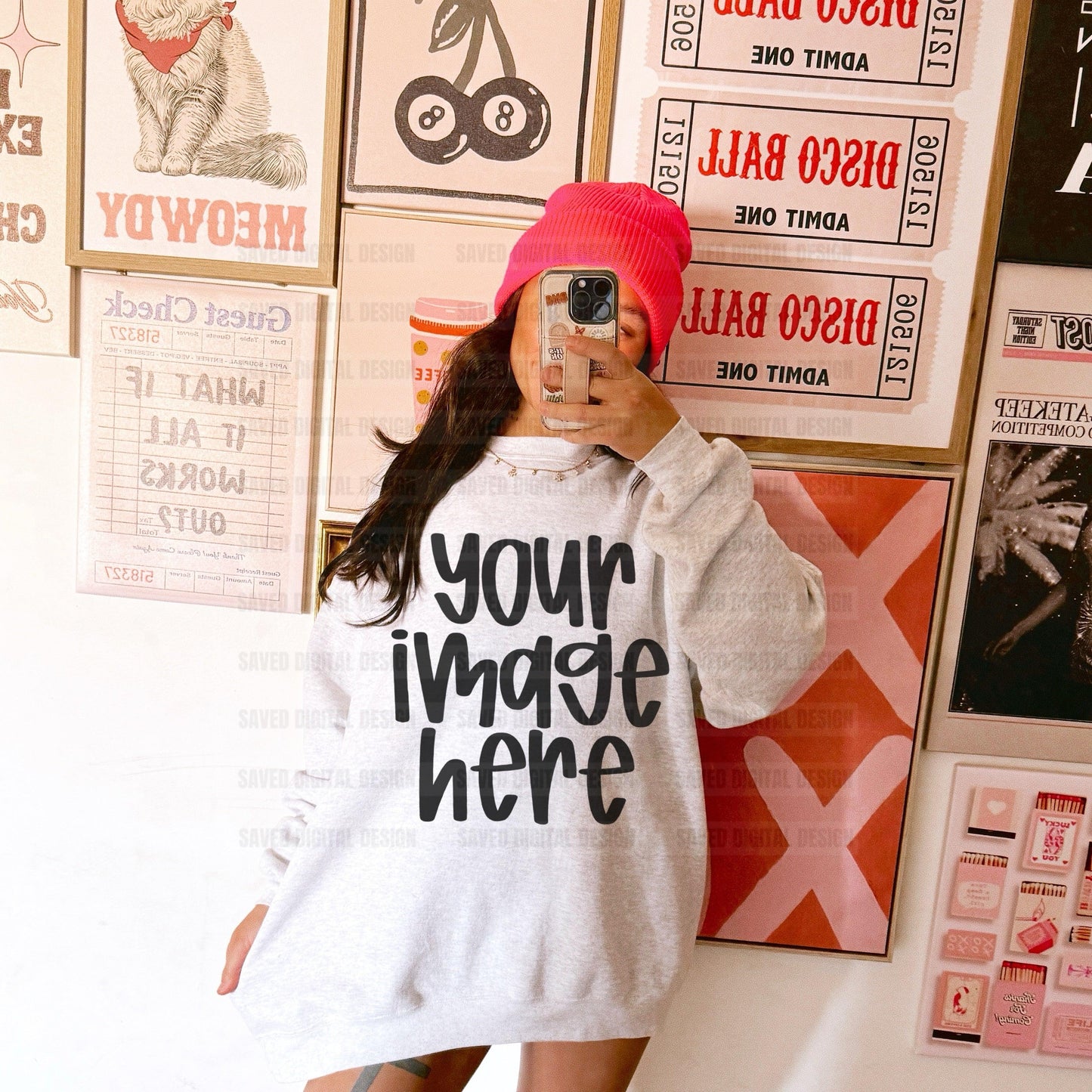GILDAN ASH SWEATSHIRT MODELED MOCK PINK BEANIE COLLAGE WALL